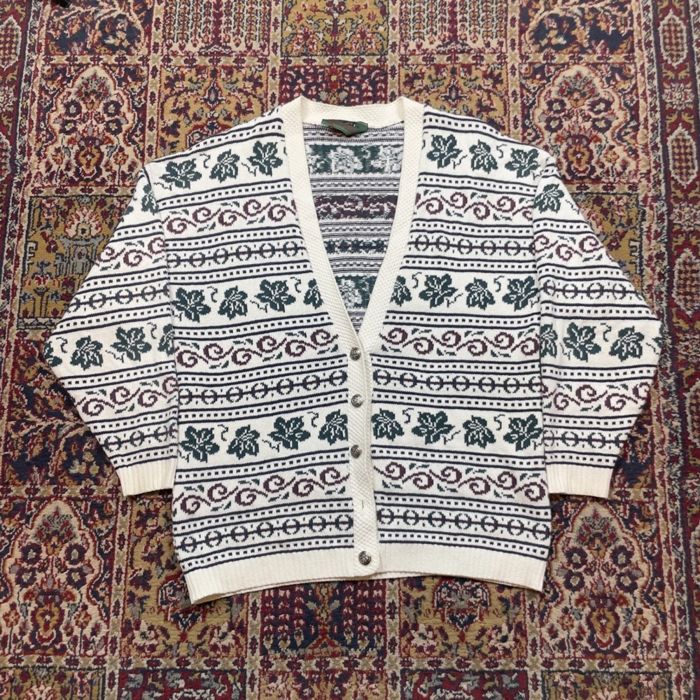 VTG 80s 90s Northern Reflections Striped Fair Isle Cotton Knit Cardigan M Canada